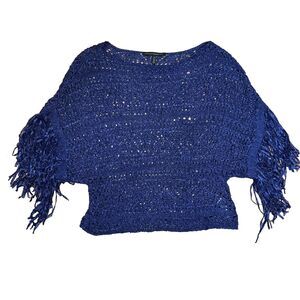 White House Black Market XS Top Poncho Loose Knit Sweater Fringe Blue WHBM Sheer